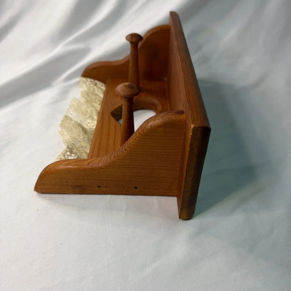 Vintage Wood Heart Cutout Wall Shelf with Peg Hooks and Lace Trim Country Decor